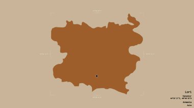 Lori bölgesi, Ermenistan vilayeti, sağlam bir arka planda izole edilmiş bir sınır kutusunda. Etiketler. Desenli dokuların bileşimi. 3B görüntüleme