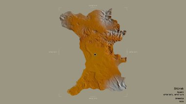 Shirak bölgesi, Ermenistan eyaleti, jeoreferatlı bir sınır kutusunda sağlam bir arka planda izole edilmiş. Etiketler. Topografik yardım haritası. 3B görüntüleme