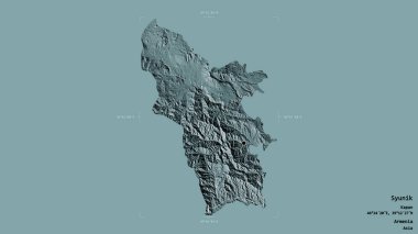 Syunik bölgesi, Ermenistan eyaleti, jeoreferatlı bir sınır kutusunda sağlam bir arka planda izole edilmiş. Etiketler. Renkli yükseklik haritası. 3B görüntüleme