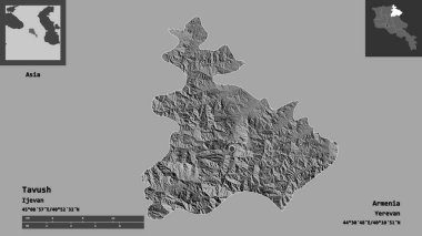 Tavush şehri, Ermenistan ili ve başkenti. Uzaklık ölçeği, ön gösterimler ve etiketler. Çift seviyeli yükseklik haritası. 3B görüntüleme