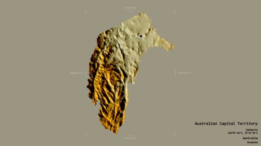 Avustralya 'nın başkenti Avustralya Bölgesi' nde katı bir arka planda izole edilmiş bir sınır kutusunda. Etiketler. Topografik yardım haritası. 3B görüntüleme