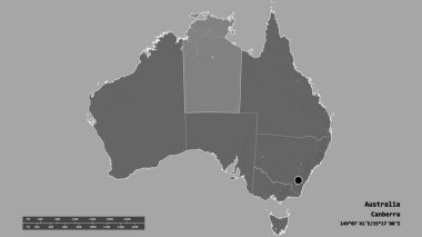 Başkenti, ana bölgesel bölümü ve ayrılmış Kuzey Toprakları ile Avustralya 'nın dejenere edilmiş şekli. Etiketler. Çift seviyeli yükseklik haritası. 3B görüntüleme