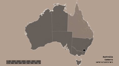 Başkenti, ana bölgesel bölümü ve ayrılmış Queensland bölgesi ile Avustralya 'nın dejenere edilmiş şekli. Etiketler. Renkli yükseklik haritası. 3B görüntüleme