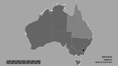 Başkenti, ana bölgesel bölümü ve ayrılmış Queensland bölgesi ile Avustralya 'nın dejenere edilmiş şekli. Etiketler. Çift seviyeli yükseklik haritası. 3B görüntüleme