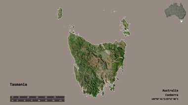 Tazmanya 'nın şekli, Avustralya eyaleti, sermayesi katı bir zemin üzerinde izole edilmiş. Uzaklık ölçeği, bölge önizlemesi ve etiketleri. Uydu görüntüleri. 3B görüntüleme