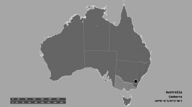 Başkenti, ana bölgesel bölümü ve ayrılmış Victoria bölgesi ile Avustralya 'nın dejenere edilmiş şekli. Etiketler. Çift seviyeli yükseklik haritası. 3B görüntüleme