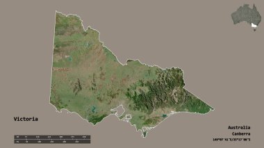 Victoria 'nın şekli, Avustralya eyaleti, başkenti sağlam bir zemin üzerinde izole edilmiş. Uzaklık ölçeği, bölge önizlemesi ve etiketleri. Uydu görüntüleri. 3B görüntüleme