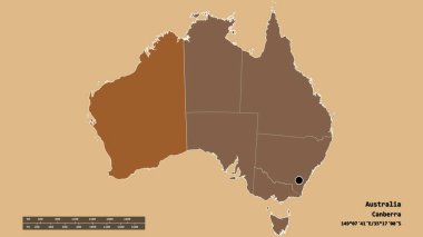 Avustralya 'nın başkenti, ana bölgesel bölünmesi ve bölünmüş Batı Avustralya bölgesi ile dejenere olmuştur. Etiketler. Desenli dokuların bileşimi. 3B görüntüleme