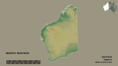 Batı Avustralya 'nın şekli, Avustralya eyaleti, sermayesi katı bir zemin üzerinde izole edilmiş. Uzaklık ölçeği, bölge önizlemesi ve etiketleri. Topografik yardım haritası. 3B görüntüleme