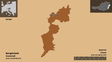 Burgenland 'ın şekli, Avusturya eyaleti ve başkenti. Uzaklık ölçeği, ön gösterimler ve etiketler. Desenli dokuların bileşimi. 3B görüntüleme