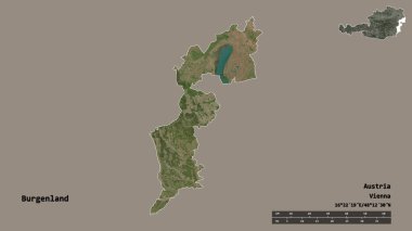Avusturya 'nın Burgenland eyaleti, başkenti sağlam bir zemin üzerinde izole edilmiştir. Uzaklık ölçeği, bölge önizlemesi ve etiketleri. Uydu görüntüleri. 3B görüntüleme