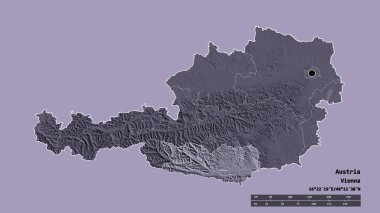 Avusturya 'nın sermayesi, ana bölgesel bölünmesi ve bölünmüş Karnten bölgesiyle dejenere olmuş hali. Etiketler. Renkli yükseklik haritası. 3B görüntüleme