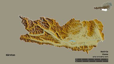 Avusturya 'nın Karnten eyaleti, başkenti sağlam bir zemin üzerinde izole edilmiştir. Uzaklık ölçeği, bölge önizlemesi ve etiketleri. Topografik yardım haritası. 3B görüntüleme