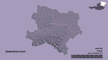 Niederosterreich 'in şekli, Avusturya eyaleti, sermayesi sağlam bir zemin üzerinde izole edilmiş. Uzaklık ölçeği, bölge önizlemesi ve etiketleri. Renkli yükseklik haritası. 3B görüntüleme
