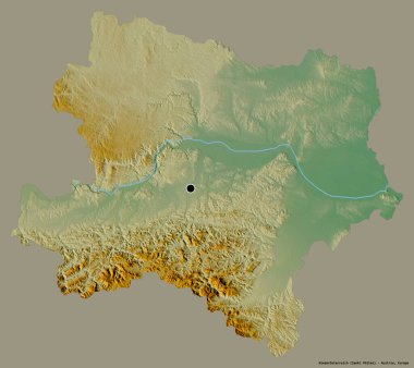 Niederosterreich 'in şekli, Avusturya eyaleti, başkenti katı bir renk arkaplanı ile izole edilmiştir. Topografik yardım haritası. 3B görüntüleme