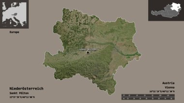 Niederosterreich 'in şekli, Avusturya eyaleti ve başkenti. Uzaklık ölçeği, ön gösterimler ve etiketler. Uydu görüntüleri. 3B görüntüleme