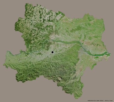 Niederosterreich 'in şekli, Avusturya eyaleti, başkenti katı bir renk arkaplanı ile izole edilmiştir. Uydu görüntüleri. 3B görüntüleme