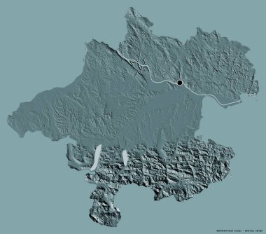 Avusturya eyaleti Oberosterreich 'in şekli, başkenti katı bir renk arkaplanı ile izole edilmiştir. Renkli yükseklik haritası. 3B görüntüleme