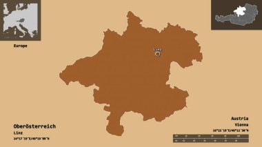 Oberosterreich 'in şekli, Avusturya eyaleti ve başkenti. Uzaklık ölçeği, ön gösterimler ve etiketler. Desenli dokuların bileşimi. 3B görüntüleme