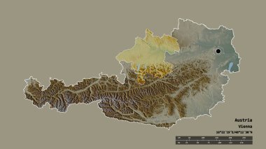 Başkenti, ana bölgesel bölünmesi ve ayrılmış Oberosterreich bölgesiyle Avusturya 'nın dejenere bir şekli. Etiketler. Topografik yardım haritası. 3B görüntüleme