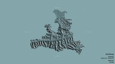 Salzburg bölgesi, Avusturya eyaleti, jeoreferatlı bir sınır kutusunda sağlam bir arka planda izole edilmiş. Etiketler. Renkli yükseklik haritası. 3B görüntüleme