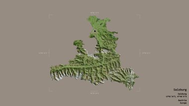 Salzburg bölgesi, Avusturya eyaleti, jeoreferatlı bir sınır kutusunda sağlam bir arka planda izole edilmiş. Etiketler. Uydu görüntüleri. 3B görüntüleme