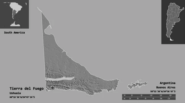 ティエラ フエゴの形 アルゼンチンの国家領土 そしてその首都 距離スケール プレビューおよびラベル 標高マップ 3Dレンダリング — ストック写真
