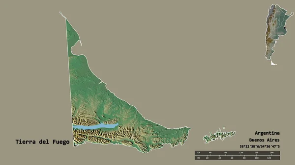 Tierra Del Fuego的形状 阿根廷的国家领土 其首都在坚实的背景下孤立 距离尺度 区域预览和标签 地形浮雕图 3D渲染 — 图库照片