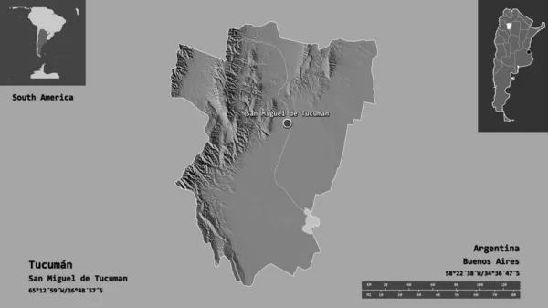 アルゼンチンの州トゥクマンとその首都の形 距離スケール プレビューおよびラベル 標高マップ 3Dレンダリング — ストック写真