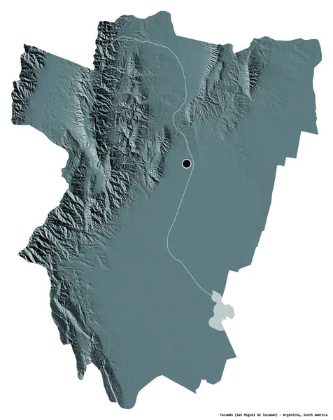 アルゼンチンの州トゥクマンの形で 首都は白い背景に孤立しています 色の標高マップ 3Dレンダリング — ストック写真