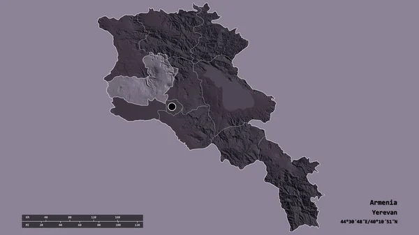 以首都 主要地区区划和分隔的阿拉贡地区为首都的亚美尼亚的绝望面貌 彩色高程图 3D渲染 — 图库照片