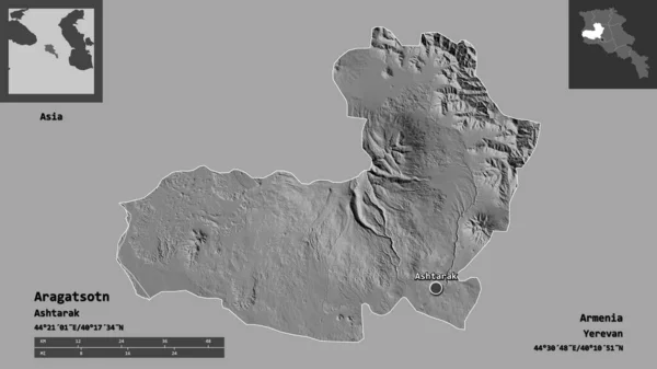 亚美尼亚省Aragatsotn的形状及其首都 距离刻度 预览和标签 Bilevel高程图 3D渲染 — 图库照片