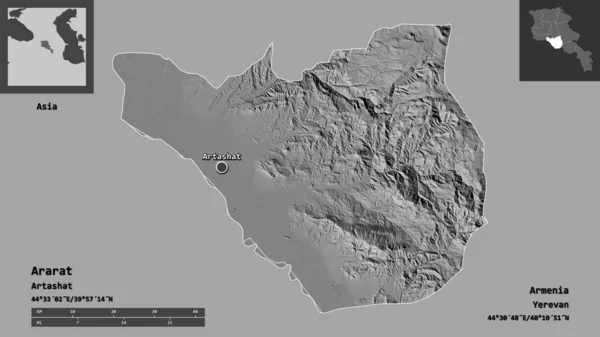 アララトの形 アルメニアの州 その首都 距離スケール プレビューおよびラベル 標高マップ 3Dレンダリング — ストック写真