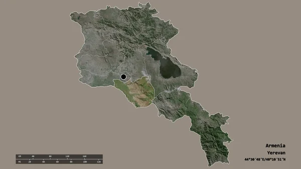 主要な地域部門と分離アララト地域とアルメニアの荒廃した形 ラベル 衛星画像 3Dレンダリング — ストック写真