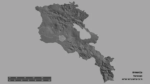 以首都 主要地区区划和分离的埃里温地区为首都的亚美尼亚的绝望面貌 Bilevel高程图 3D渲染 — 图库照片