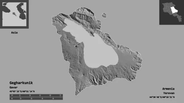 亚美尼亚省Gegharkunik的形状及其首都 距离刻度 预览和标签 Bilevel高程图 3D渲染 — 图库照片