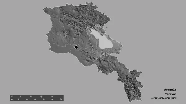 以首都 主要区域分部和分离的Gegharkunik地区为首都的亚美尼亚的绝望面貌 Bilevel高程图 3D渲染 — 图库照片