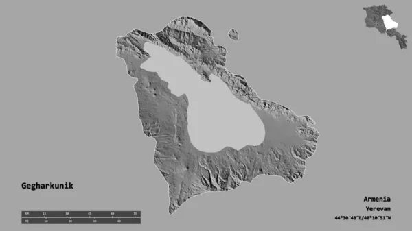 亚美尼亚省Gegharkunik的形状 其首都在坚实的背景下与世隔绝 距离尺度 区域预览和标签 Bilevel高程图 3D渲染 — 图库照片