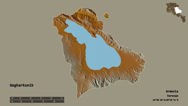 亚美尼亚省Gegharkunik的形状 其首都在坚实的背景下与世隔绝 距离尺度 区域预览和标签 地形浮雕图 3D渲染 — 图库照片