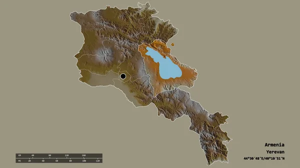 以首都 主要区域分部和分离的Gegharkunik地区为首都的亚美尼亚的绝望面貌 地形浮雕图 3D渲染 — 图库照片
