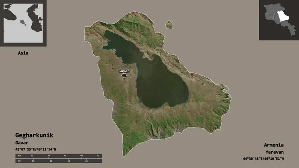 ゲガルクニク アルメニアの州とその首都の形 距離スケール プレビューおよびラベル 衛星画像 3Dレンダリング — ストック写真