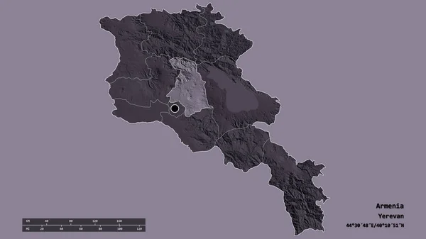以首都 主要区域分部和分裂的科泰克地区为首都的亚美尼亚的绝望面貌 彩色高程图 3D渲染 — 图库照片