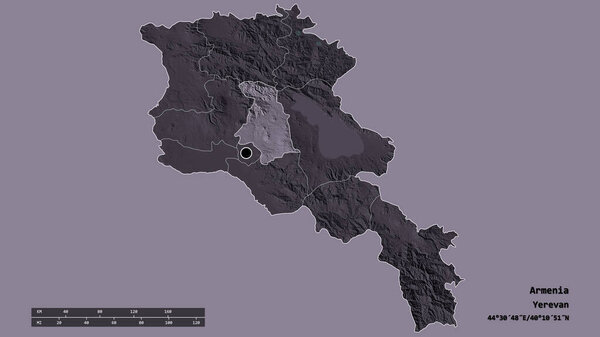 Desaturated shape of Armenia with its capital, main regional division and the separated Kotayk area. Labels. Colored elevation map. 3D rendering
