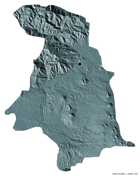 Shape of Kotayk, province of Armenia, with its capital isolated on white background. Colored elevation map. 3D rendering