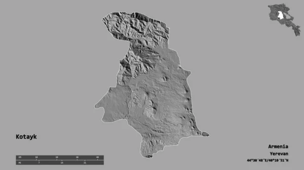 亚美尼亚科泰克省的形状 其首都在坚实的背景下与世隔绝 距离尺度 区域预览和标签 Bilevel高程图 3D渲染 — 图库照片