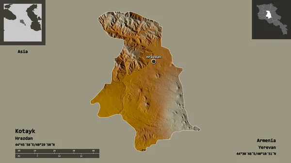 アルメニアのコタヤク県とその首都の形 距離スケール プレビューおよびラベル 地形図 3Dレンダリング — ストック写真