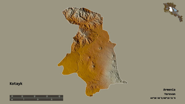 Shape of Kotayk, province of Armenia, with its capital isolated on solid background. Distance scale, region preview and labels. Topographic relief map. 3D rendering