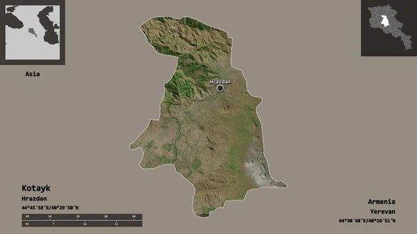 亚美尼亚科泰克省的形状及其首都 距离刻度 预览和标签 卫星图像 3D渲染 — 图库照片