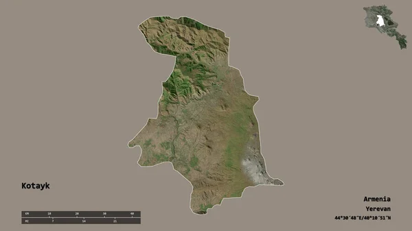 亚美尼亚科泰克省的形状 其首都在坚实的背景下与世隔绝 距离尺度 区域预览和标签 卫星图像 3D渲染 — 图库照片