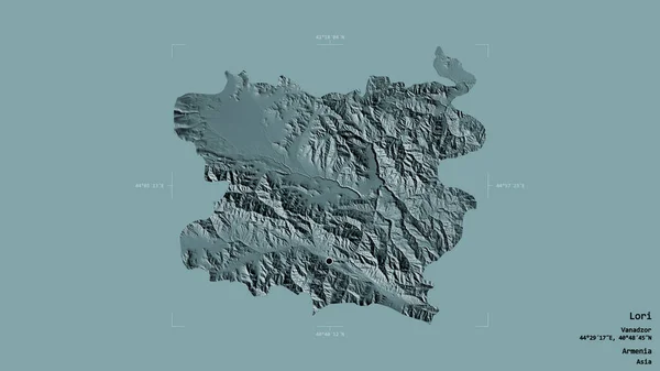 亚美尼亚省洛里地区 以坚实的背景隔离在一个地理参照框中 彩色高程图 3D渲染 — 图库照片